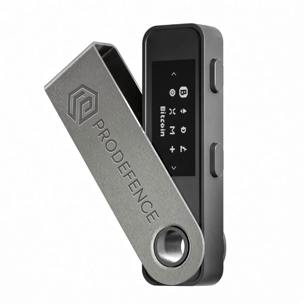 Апаратний криптогаманець Ledger з логотипом ProDefence — компактний пристрій для офлайн-зберігання приватних ключів