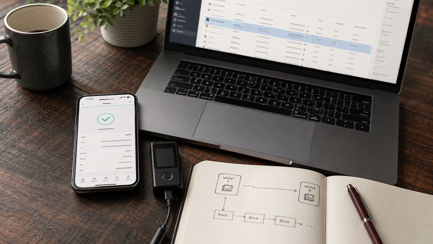 Смартфон із підтвердженням транзакції та схема переказу між Wallet A і Wallet B у блокчейні