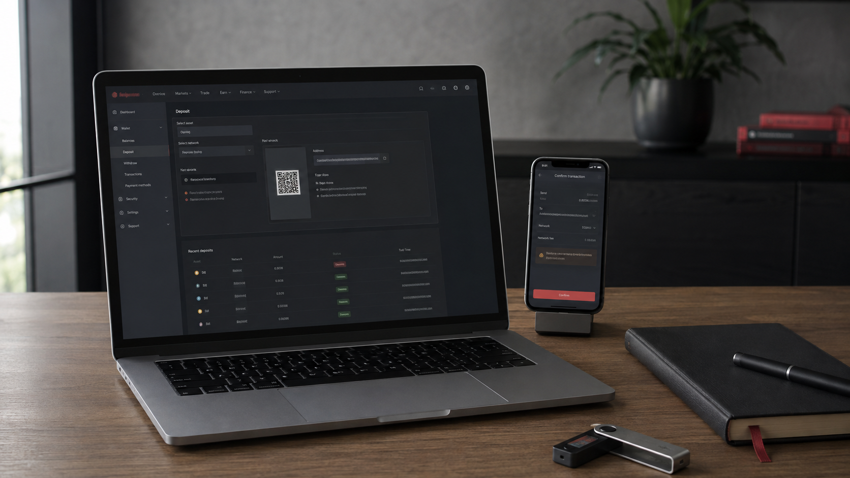Ноутбук із екраном депозиту криптобіржі, смартфон із підтвердженням транзакції та апаратний гаманець
