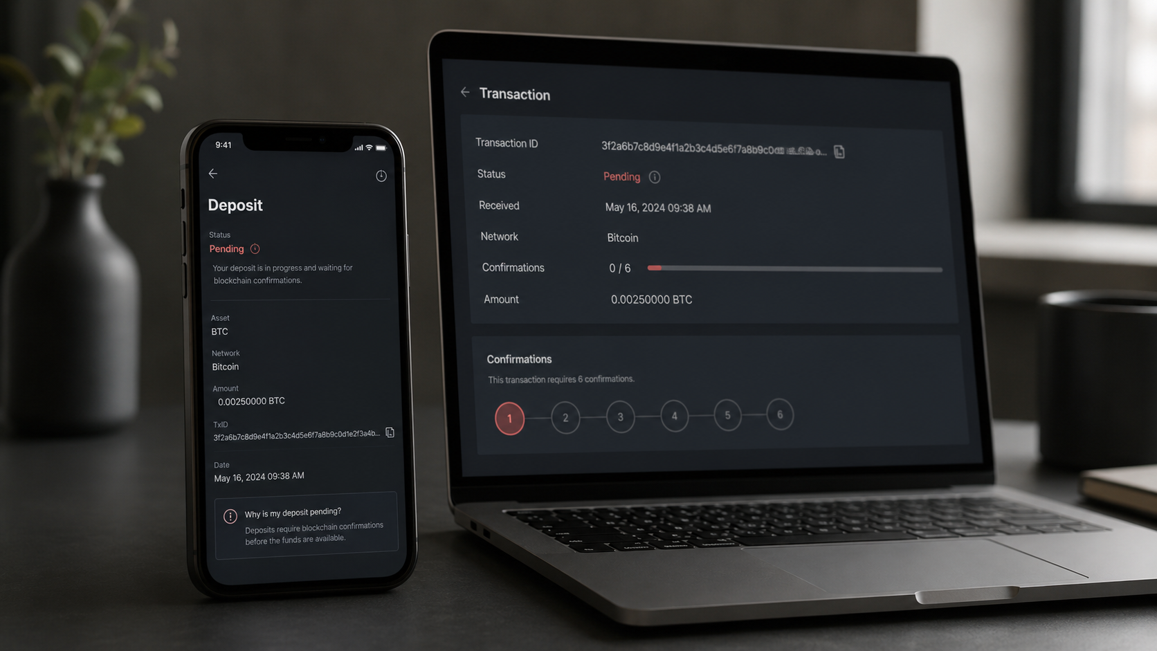 Депозит криптовалюты в статусе Pending с ожиданием подтверждений