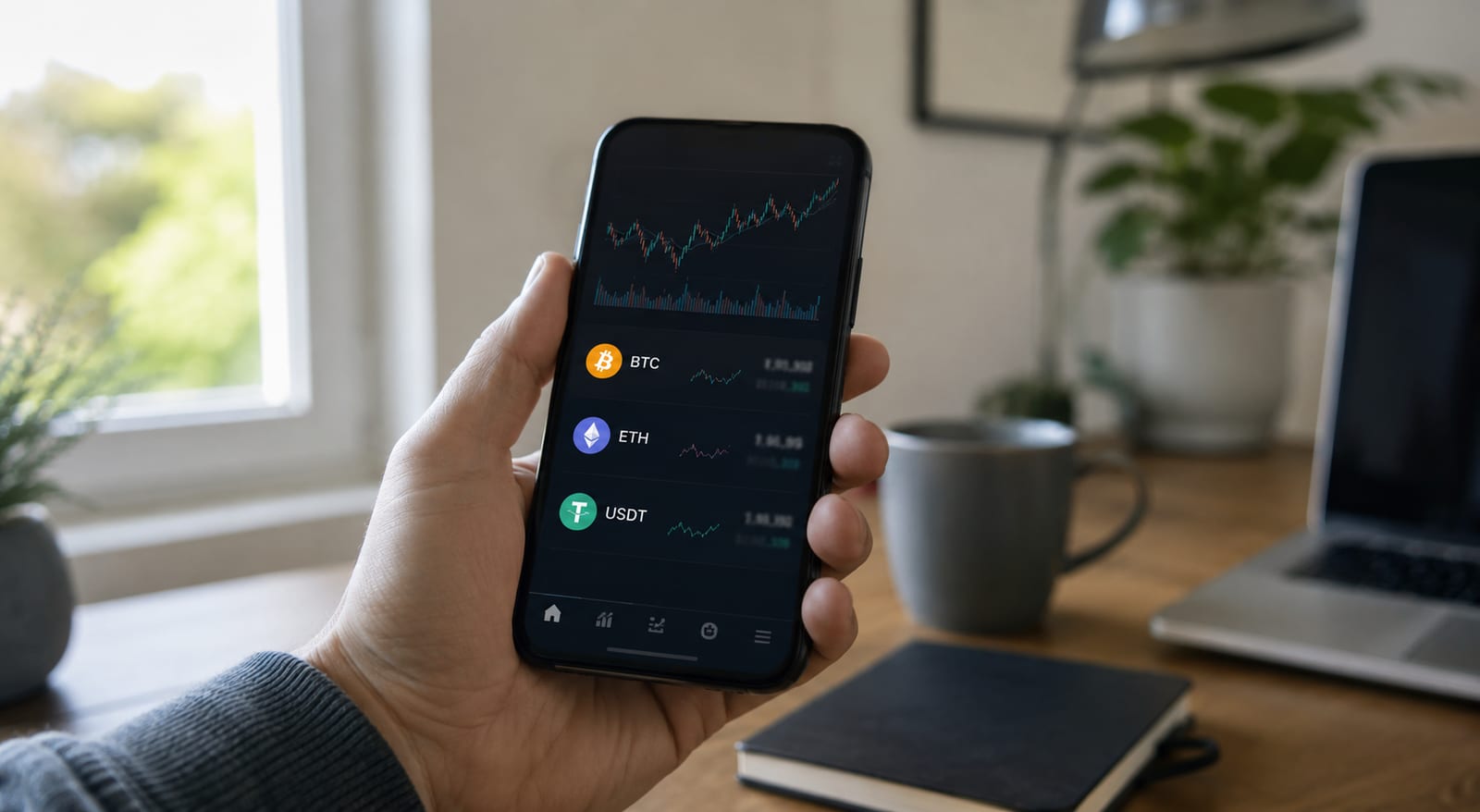 Мобільний застосунок біржі з балансами BTC, ETH та USDT