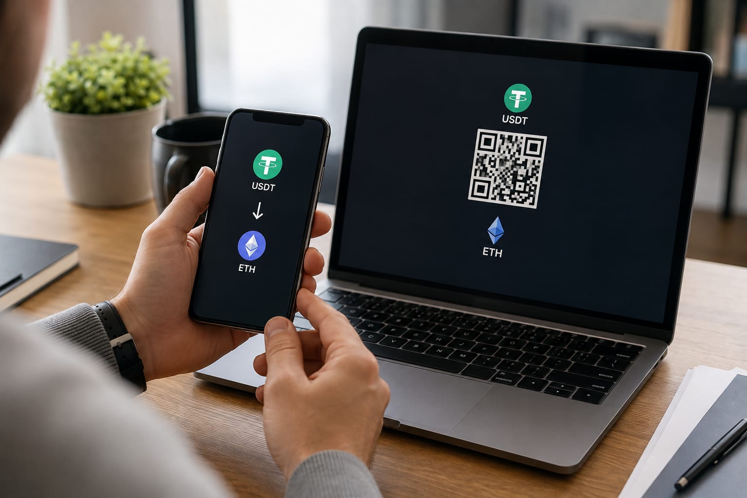 Переказ між USDT та ETH з підтвердженням через QR-код на ноутбуці