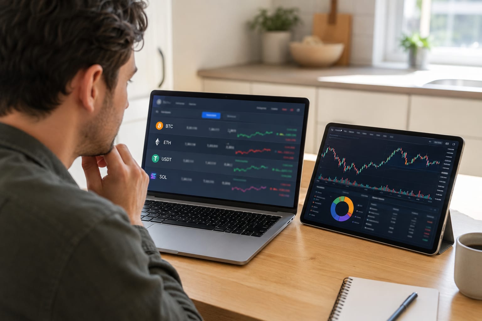 Аналіз портфеля та графіків криптоактивів на ноутбуці й планшеті