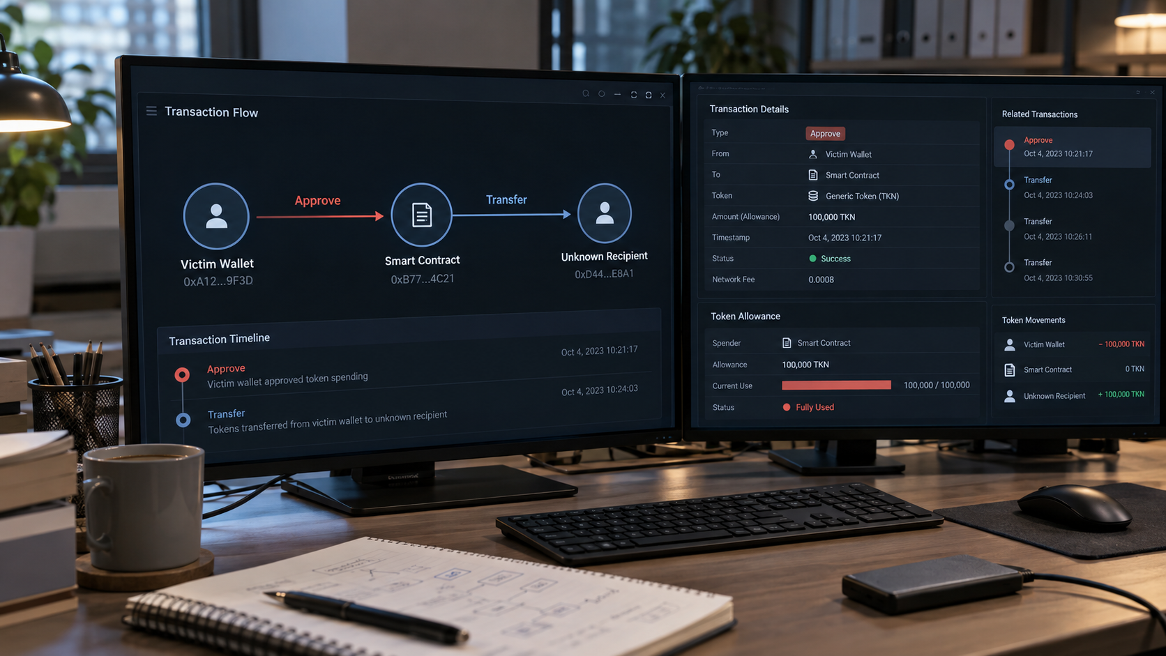 Analysis of an Approve transaction and subsequent token transfer on two monitors