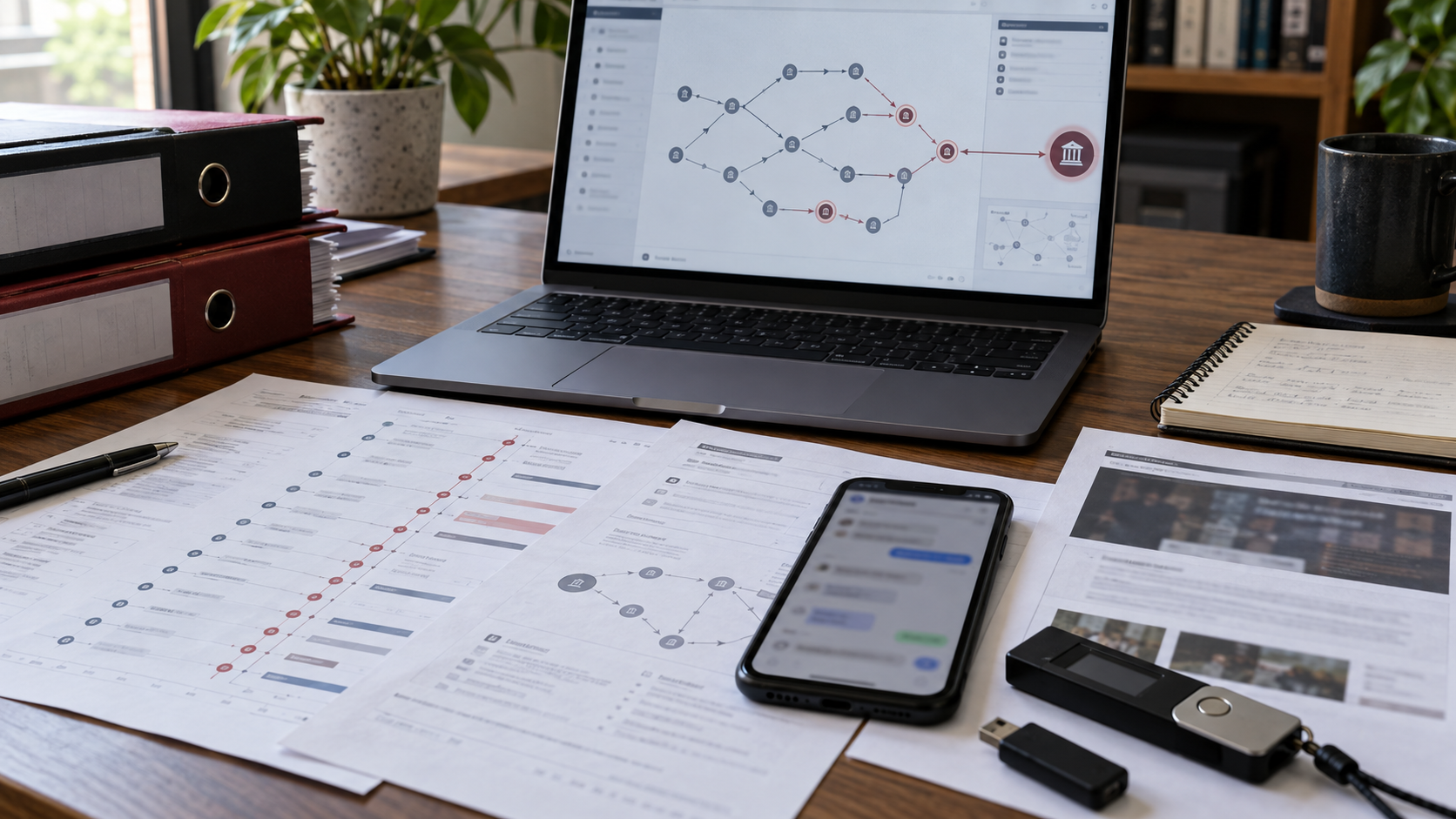 On-chain graph of asset movement, printouts and digital media on an investigator’s desk