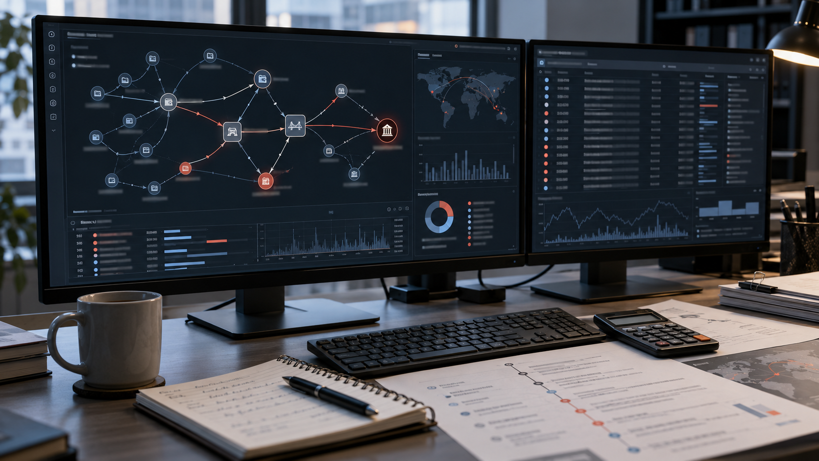 Monitors displaying a blockchain transaction graph and an investigative analytics dashboard