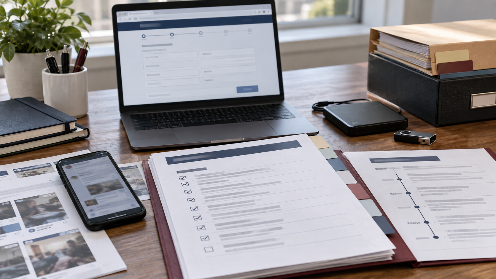 Lawyer’s desk with a checklist, digital media and case materials